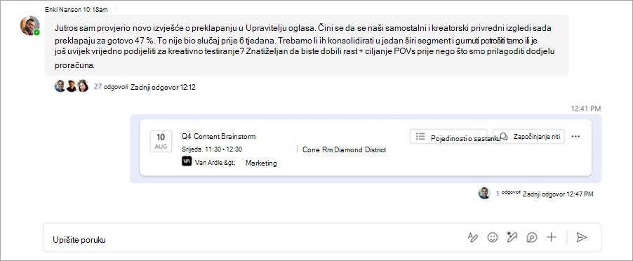 Snimka zaslona koja prikazuje čavrljanje u sklopu niti sastanka u kanalu servisa Microsoft Teams.