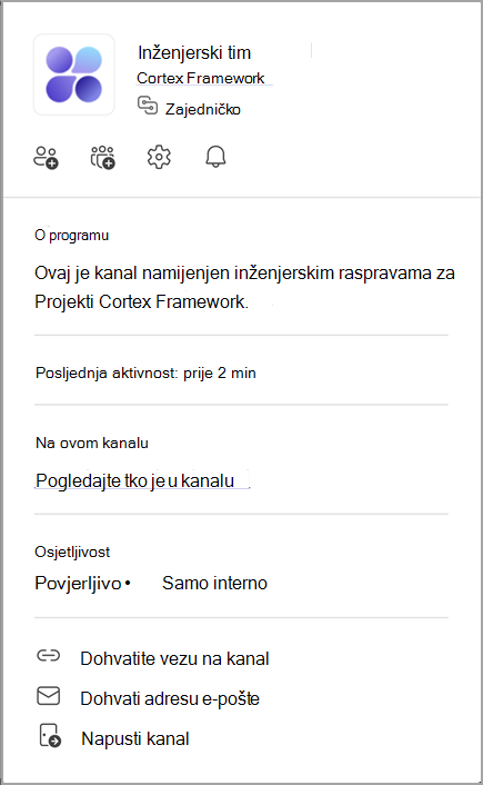 Snimka zaslona s karticom kanala. Pokažite na naziv kanala da biste pogledali karticu kanala.