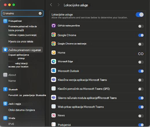 Snimka zaslona dijaloškog okvira Postavke mjesta za MAC