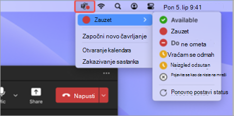 Snimka zaslona koja prikazuje ikonu aplikacije Teams na odabranoj traci izbornika Maca s dostupnim brzim radnjama.