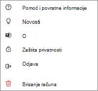 Snimka zaslona postavki besplatne verzije aplikacije Teams za mobilne uređaje s pomoćima, novostima, značajkama o, privatnošću, odjavom i brisanjem računa