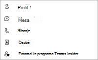 Snimka zaslona postavki besplatne verzije aplikacije Teams za mobilne uređaje s profilom, razmjenom poruka, pozivanjem, osobama i insiderom aplikacije Teams