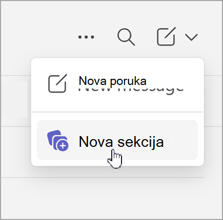 Snimka zaslona mogućnosti nove poruke i novog odjeljka koja se prikazuje nakon odabira novih stavki tijekom zasebnog čavrljanja.