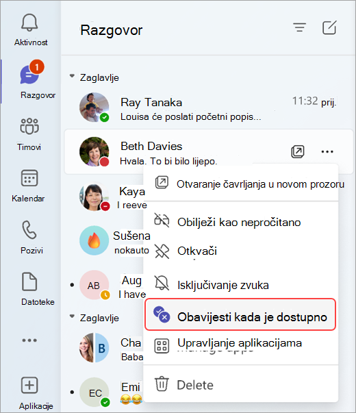 Snimka zaslona koja prikazuje kako primiti obavijest kada se nečiji status promijeni iz čavrljanja.