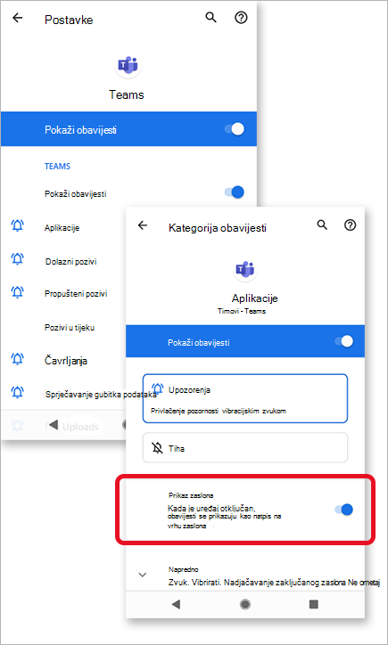 Slika prikazuje dopuštanje skočnog zaslona za obavijesti u aplikaciji Microsoft Teams