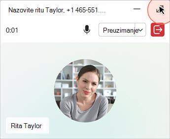 Pozivno sučelje s kontrolama za isključivanje zvuka, preuzimanje i prekid poziva.