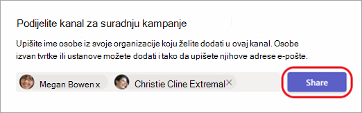 Snimka zaslona koja prikazuje kako zajednički koristiti kanal s internim i vanjskim osobama