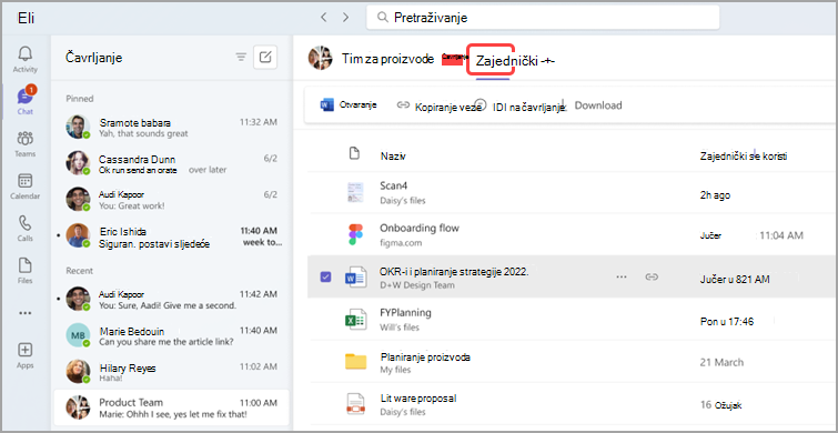 Prozor za čavrljanje na radnom mjestu s nedavnim porukama, zajedničkim datotekama i njihovim pojedinostima, uključujući imena, opise i vremenske oznake.