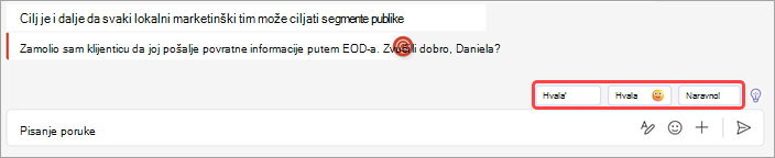 Snimka zaslona s prikazom predloženih odgovora u čavrljanju
