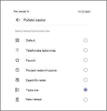 Izbornik za odabir zadanog prikaza početnog zaslona s trenutno odabranim tipkama linije.