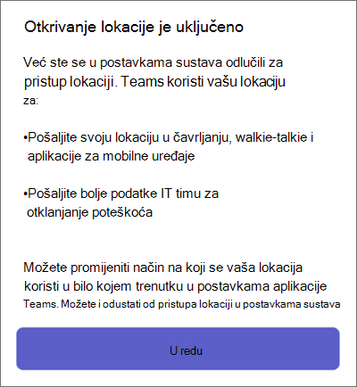 Otkrivanje lokacije u aplikaciji Teams na mobilnom uređaju