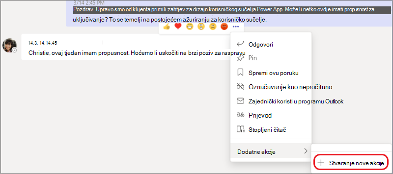 Izbornik Dodatne mogućnosti s istaknutim podizbornikom Stvori novu akciju.