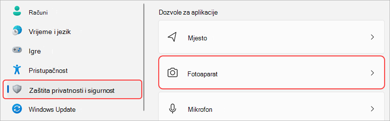 Postavke sustava Windows s istaknutim korisničkim sučeljem kamere.