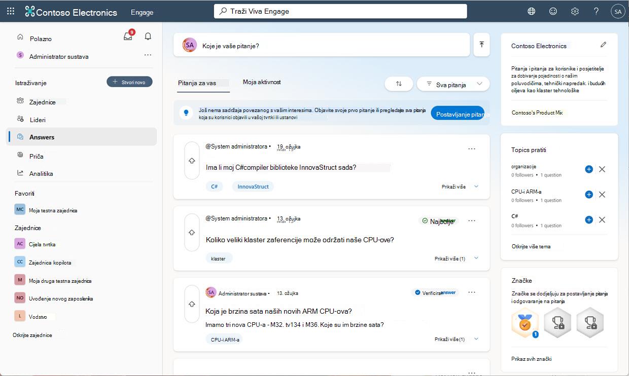 Odgovori na glavnoj stranici platforme Viva sa svim glavnim elementima