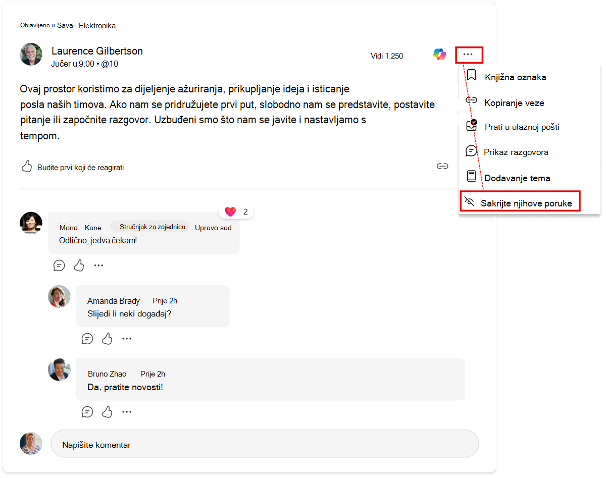 Skrivanje korisnika u niti razgovora. Ova akcija još uvijek skriva komunikaciju u svim kontekstima Engage.