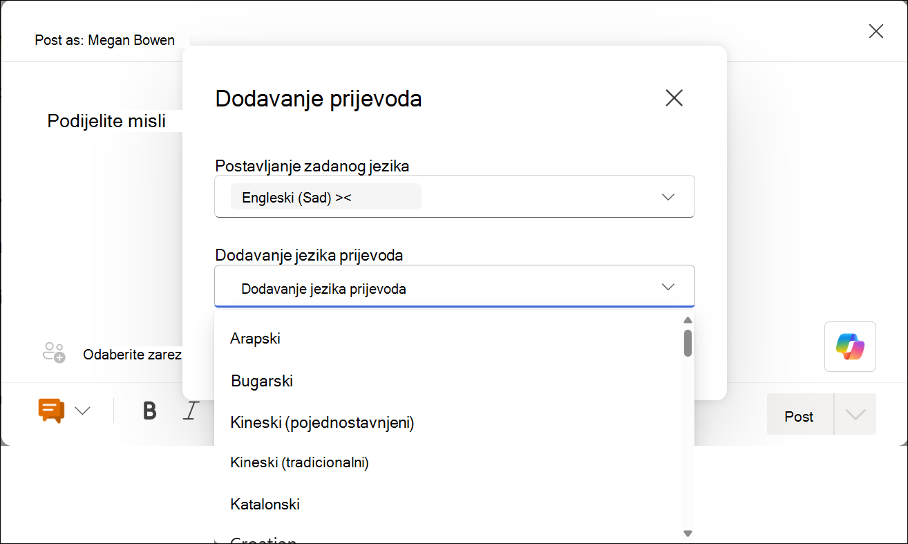 Zaslonski okvir padajućeg birača jezika za postavljanje skupa prijevoda
