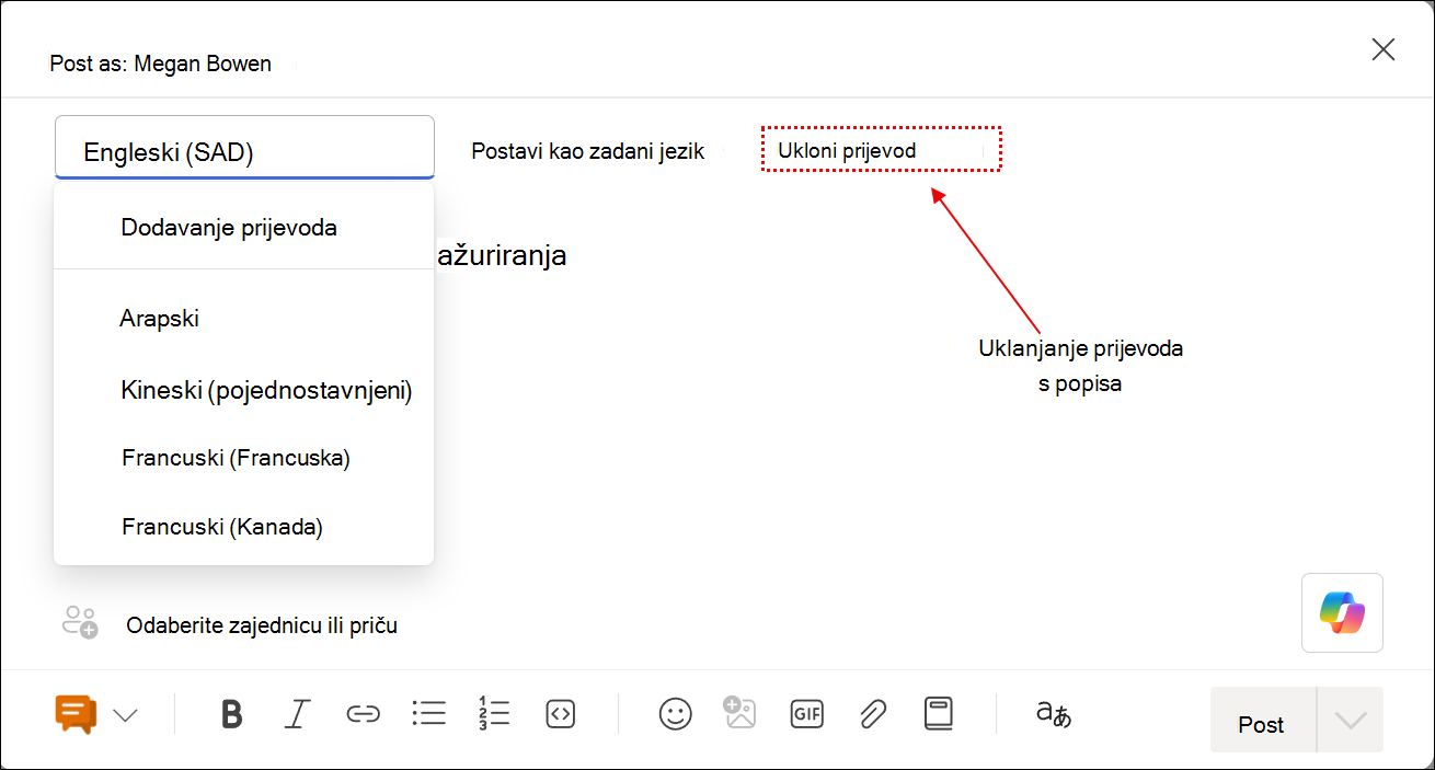 Zaslon s prikazom interakcija sa značajkom prijevoda