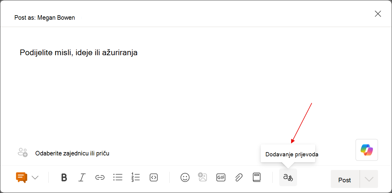 Snimka zaslona dijaloškog okvira za stvaranje članka s alatom za dodavanje prijevoda