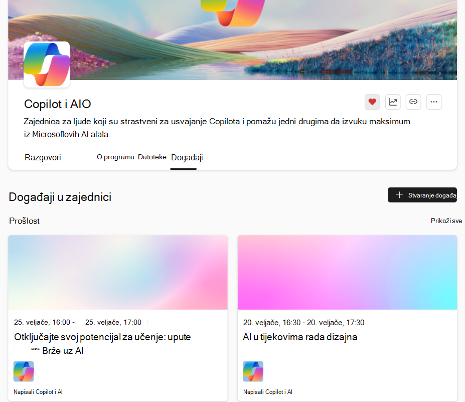 Otvorite zajednicu i odaberite karticu Događaji da biste vidjeli prošle i buduće događaje.