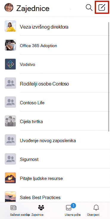 Snimka zaslona koja prikazuje sastavljanje razgovora u zajednici servisa Yammer pomoću mobilne aplikacije