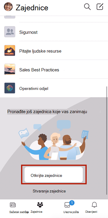 Snimka zaslona na kojoj se prikazuje pronalaženje zajednica servisa Yammer na mobilnim uređajima s odabirom