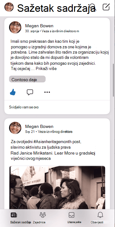 Snimka zaslona na kojoj se prikazuje sažetak sadržaja u aplikaciji Yammer za iOS
