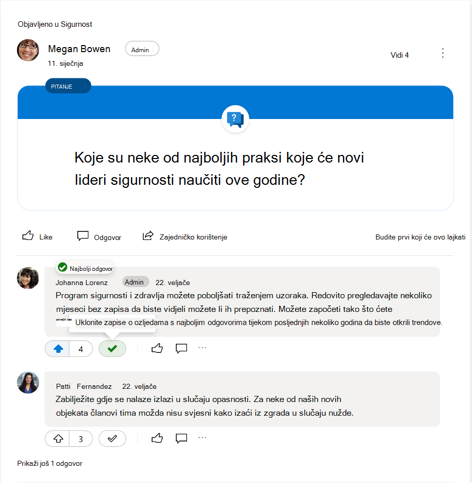 Poništavanje označavanja najboljeg odgovora na pitanje o servisu Yammer