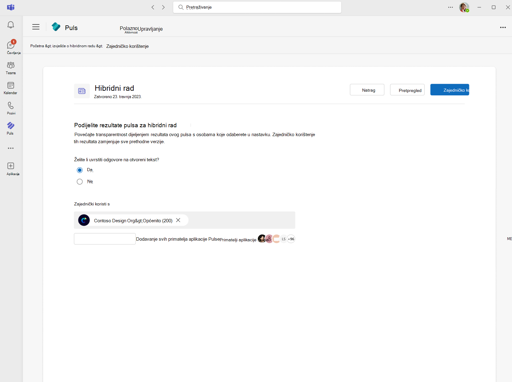 Dijaloški okvir Za zajedničko korištenje rezultata s aplikacijom Viva Pulse