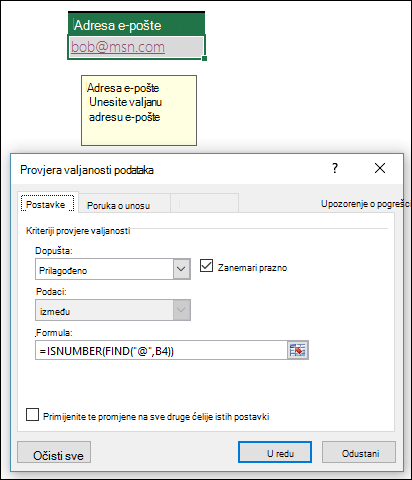 Primjer provjere valjanosti podataka u kojom se provjerava sadrži li adresa e-pošte znak @