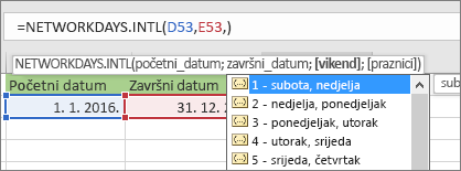 Popis značajke Intellisense na kojem se prikazuje 2 – nedjelja, ponedjeljak; 3 – ponedjeljak, utorak itd