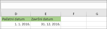 Početni je datum u ćeliji D53 1/1/2016, a završni je datum u ćeliji E53 jest 31/12/2016