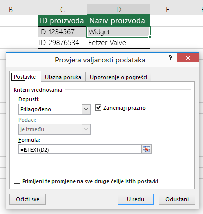 Drugi primjer: Formule u provjeri valjanosti podataka