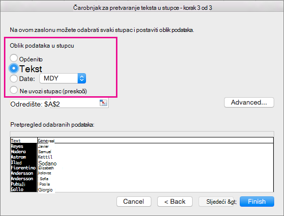 Step 3 in the wizard, Text option selected