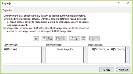 Dijaloški okvir Prilagođeno zaglavlja kartice Postavljanje stranice