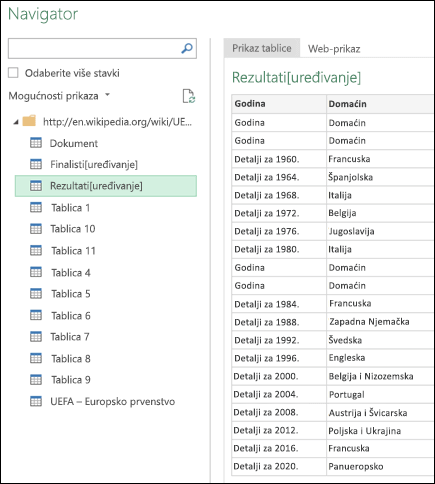Power Query > iz prikaza tablice web-navigatora >