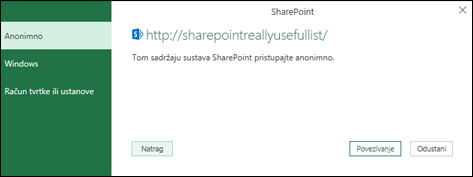 Povezivanje Power Query programa Excel s popisom sustava SharePoint Dijaloški okvir za povezivanje