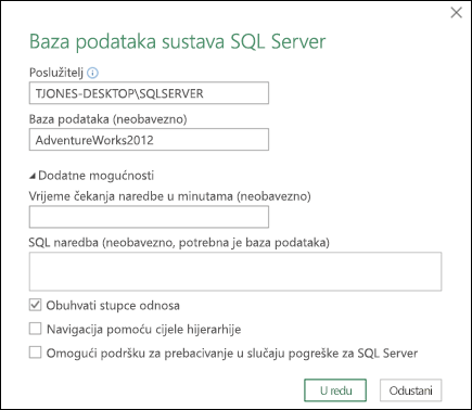 Power Query SQL Server dijaloški okvir Povezivanje s bazom podataka