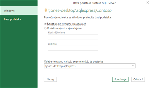 Power Query SQL Server vjerodajnice za prijavu veze