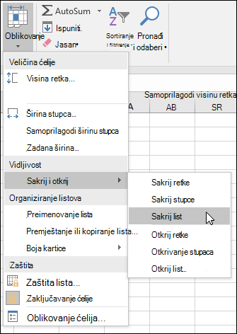 Sakrijte ili otkrijte radne listove od kuće od kuće. > Ćelije > Oblikovanje > VIbilnost > Sakrij & Otkrij
