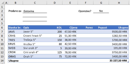 Example order form without a custom function