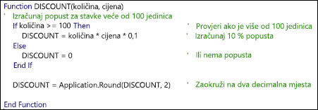 Primjer VBA funkcije s komentarima