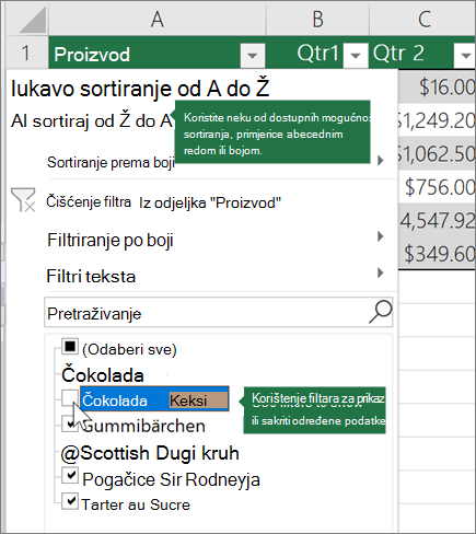 Sortiranje ili primjena filtra na tablicu