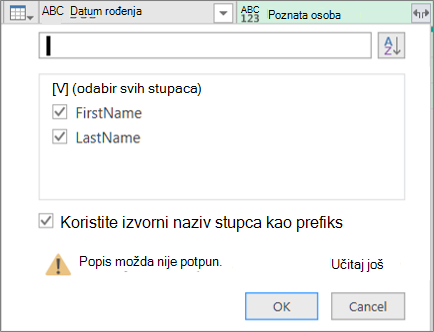 Kliknite Proširi za stupac strukturiranog zapisa