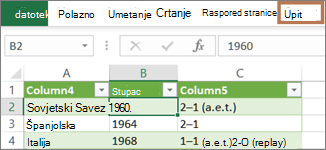 Odabir ćelije u upitu radi otkrivanja kartice Upit