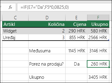 Formula u ćeliji F7 je IF(E7=Da;F5*0,0825;0)