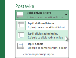 U odjeljku Postavke kliknite Ispiši cijeli radni list.