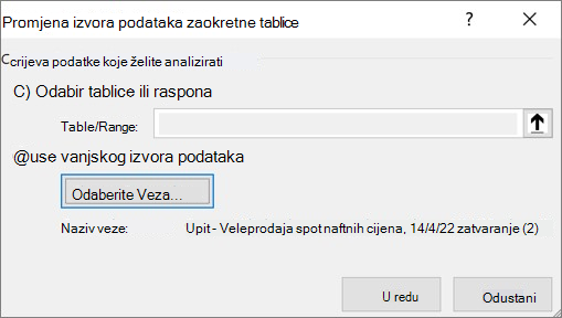 Dijaloški okvir Promjena izvora podataka zaokretne tablice