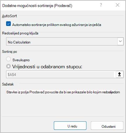 Dijaloški okvir Više mogućnosti sortiranja