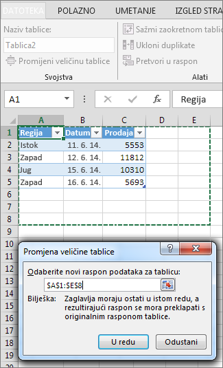 Promjena veličine tablice