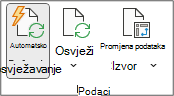 Grupa podataka na kartici Analiza zaokretne tablice na vrpci. Grupa Podaci sadrži gumbe Automatsko osvježavanje, Osvježi i Promijeni podatkovni izvor.